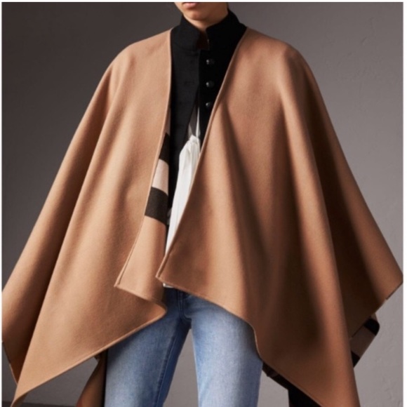 Burberry Reversible Check-To-Solid Wool Cape, Camel - Picture 8 of 10